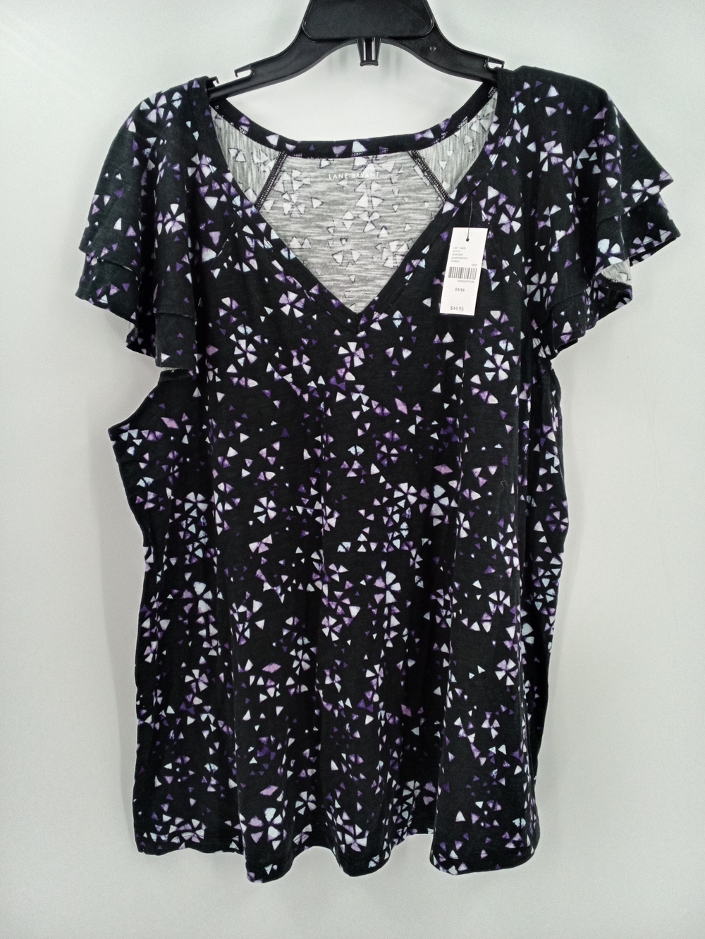Lane Bryant Black Top with Lavender Geometric Print and Flutter Sleeves